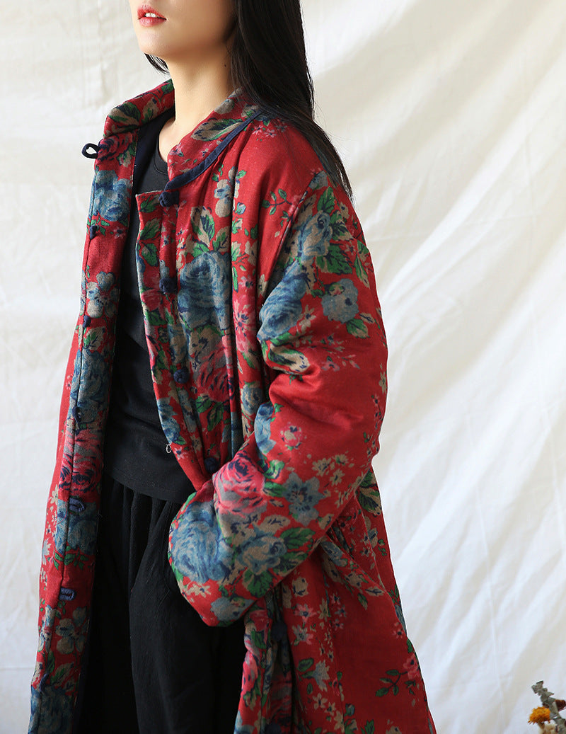 Winter Cotton And Linen Women Retro Art Floral Print Cotton Clothing Cotton Coat