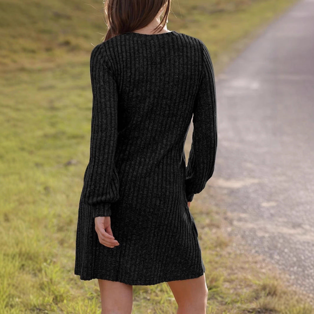 V-neck Pocket Sunken Stripe Brushed Long Sleeve Leisure Dress