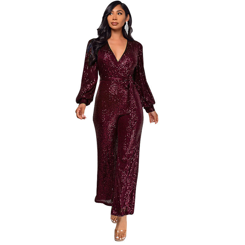 High Waist Wide Leg Sequined Belt Jumpsuit
