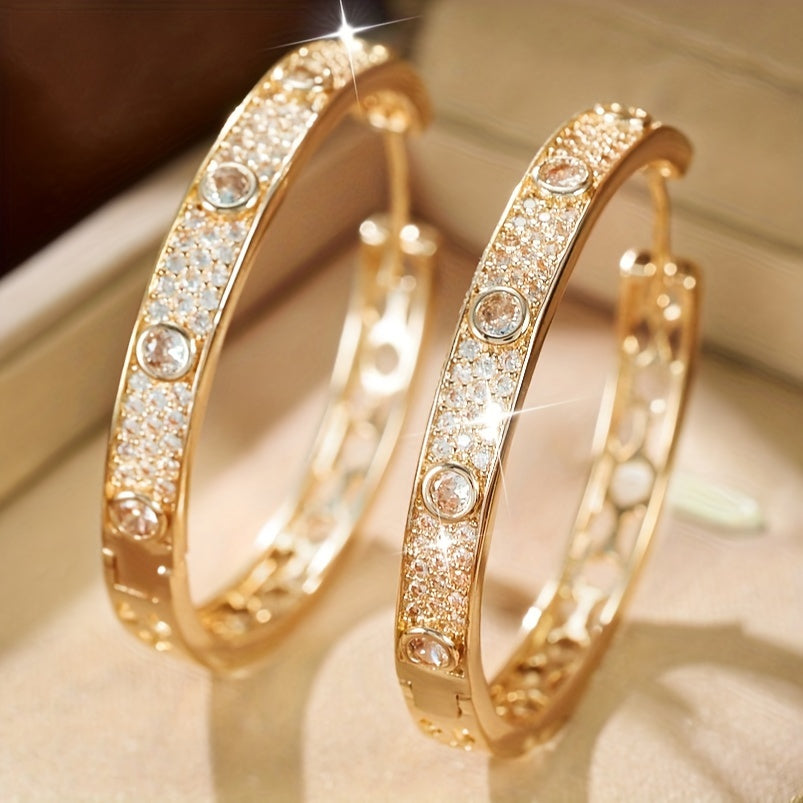 FAB-UR Elegant Luxury 18K Golden Plated Hoop Earrings with zirconia Inlay, Copper Material, St. Patrick'S Day Gift, Party & Banquet Accessory, All-Season Jewelry - 1 Pair Sparkling Hollow Round Design