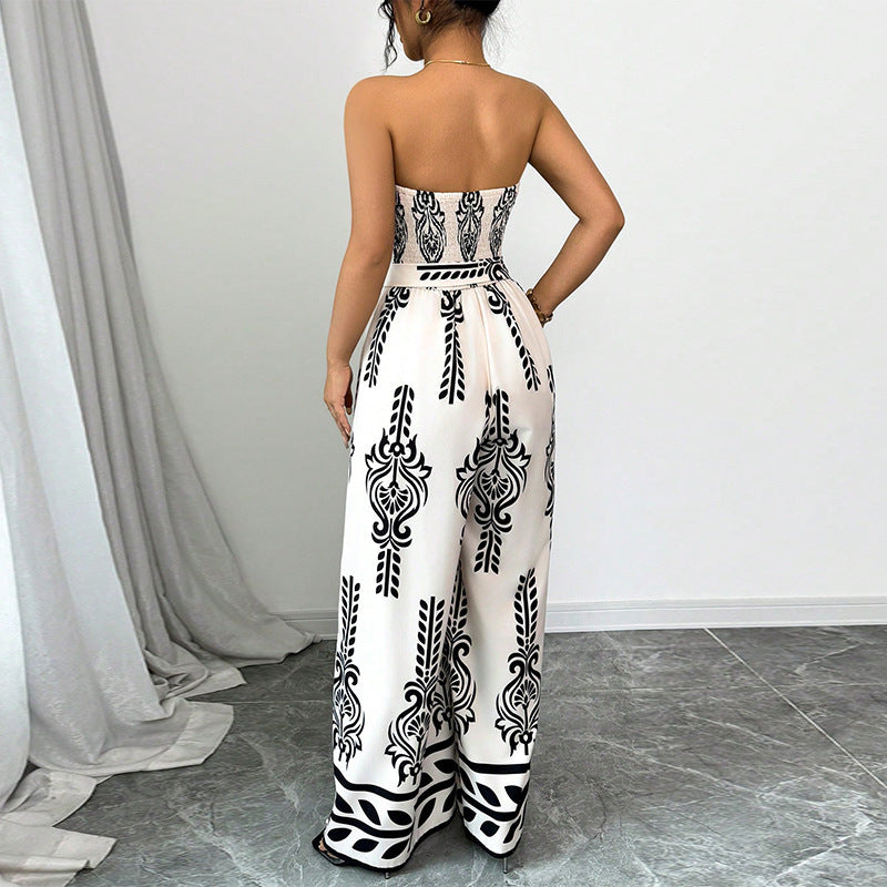 Women's Wide-leg Slim Fit Tied Printed Jumpsuit