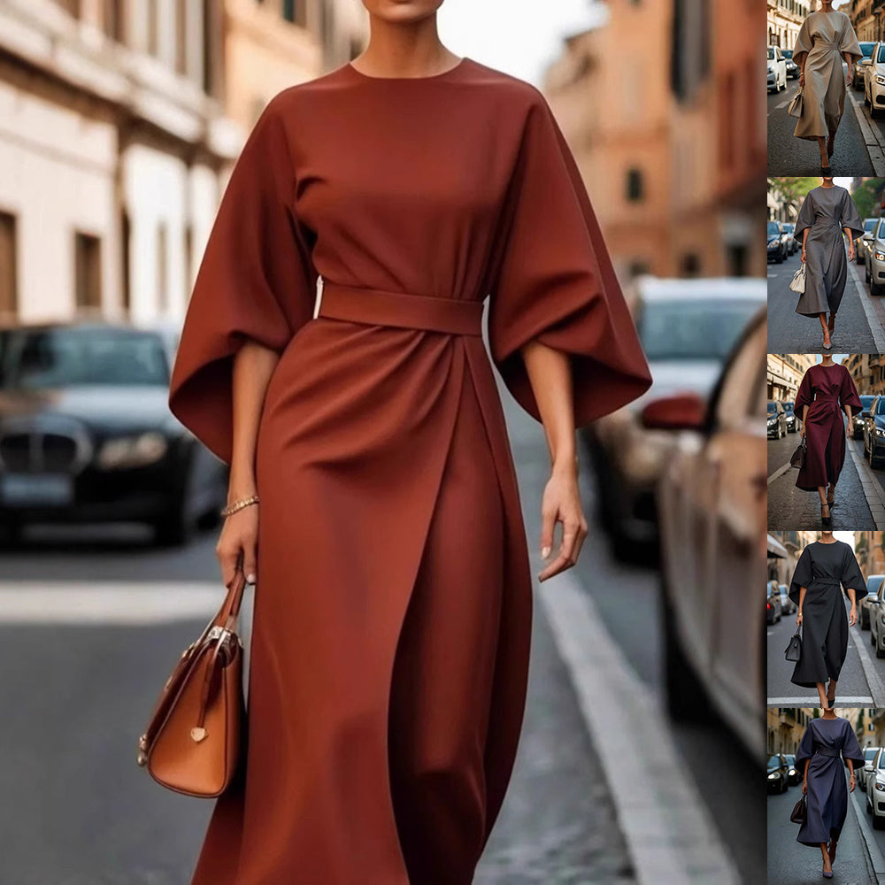 Eva Loose Sleeve Dress Fashion Waist-tighted Solid Color Elegant Dresses For Women Clothing