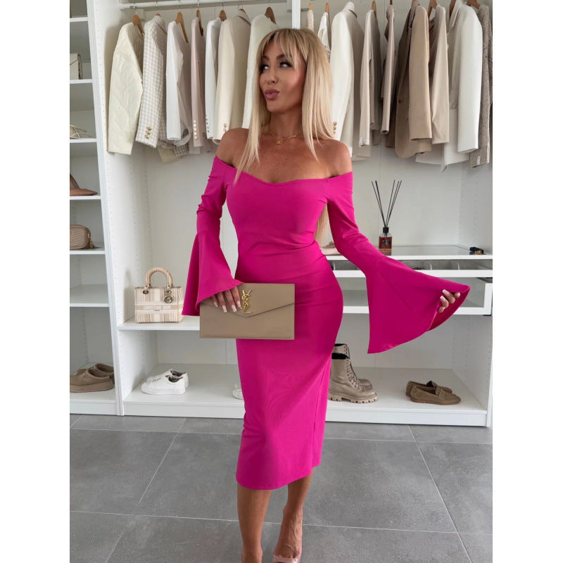 Solid Color Niche Design Off-neck Flared Long Sleeve Dress