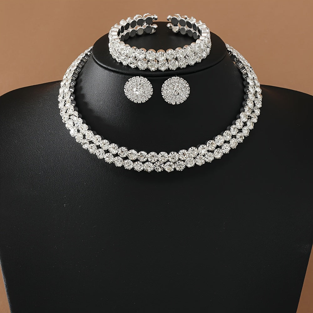Elegant Rhinestone Inlaid Stud Earrings & Necklace Set - luxurious fashion for any occasion.