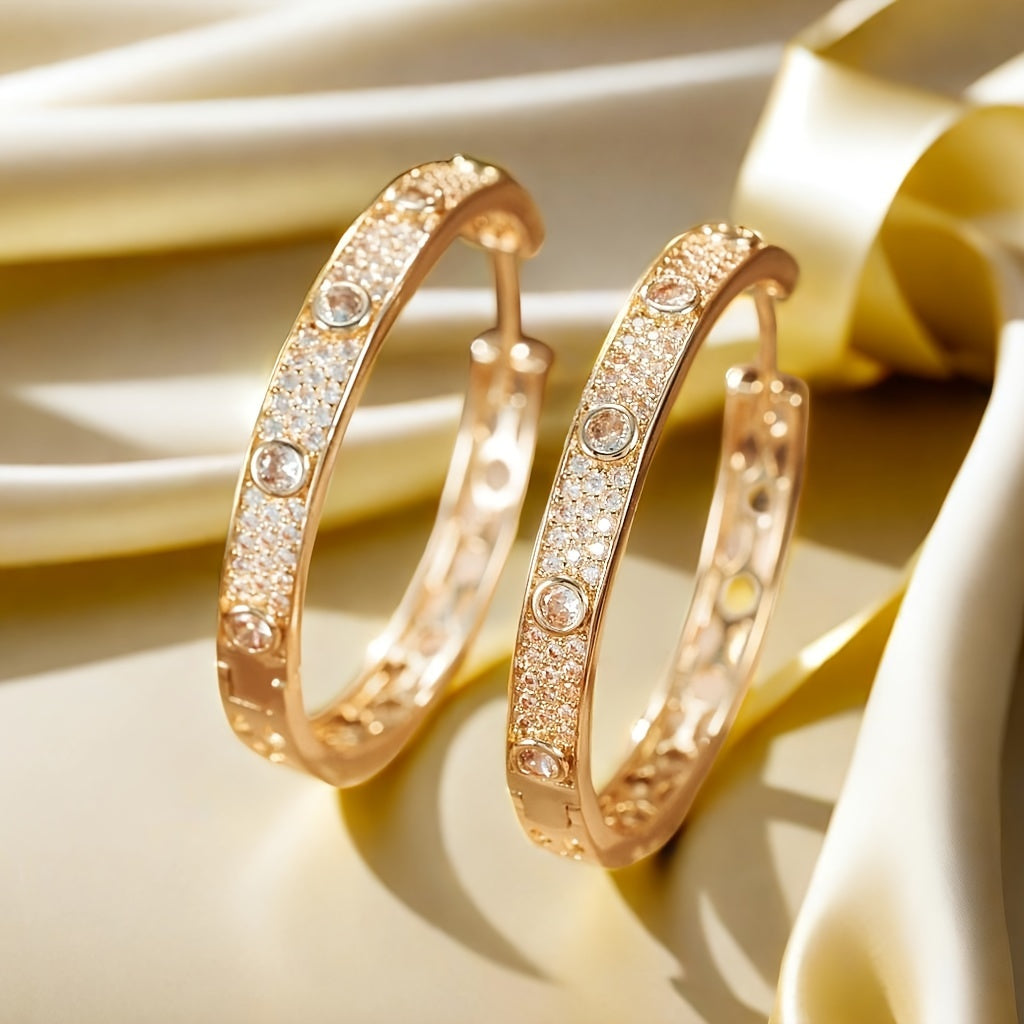 FAB-UR Elegant Luxury 18K Golden Plated Hoop Earrings with zirconia Inlay, Copper Material, St. Patrick'S Day Gift, Party & Banquet Accessory, All-Season Jewelry - 1 Pair Sparkling Hollow Round Design