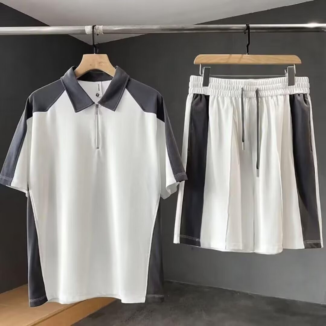Summer Menswear Color Stitching Turnover Neck Short-sleeved T-shirt Set With Handsome Casual Shorts
