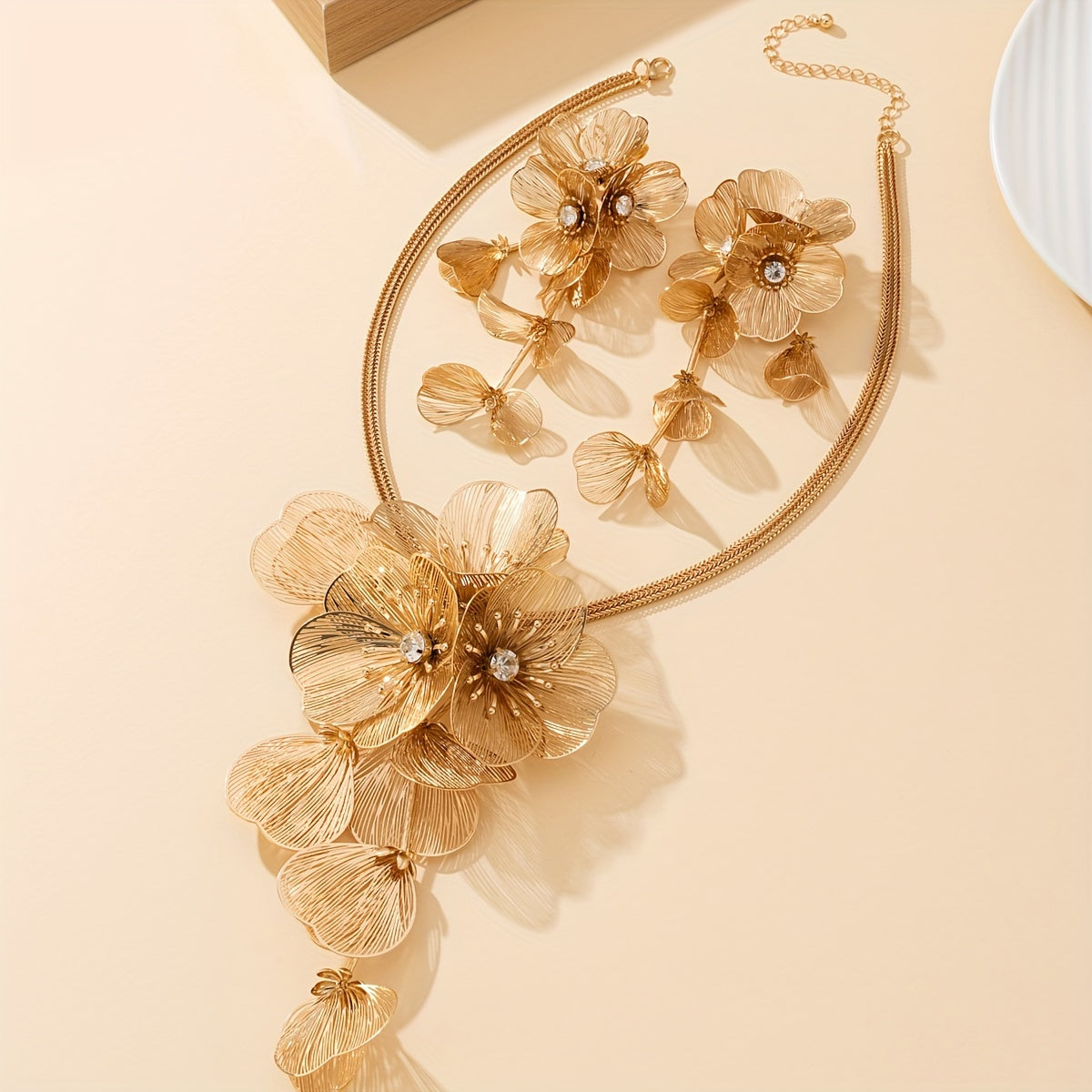 14K Gold plated on copper with sparkly accents to create this Elegant Flower necklace Set with Earrings - Fashion Accessory