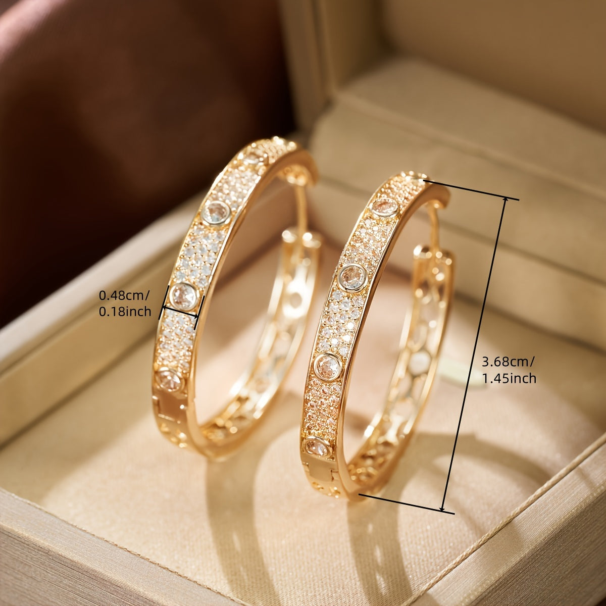 FAB-UR Elegant Luxury 18K Golden Plated Hoop Earrings with zirconia Inlay, Copper Material, St. Patrick'S Day Gift, Party & Banquet Accessory, All-Season Jewelry - 1 Pair Sparkling Hollow Round Design