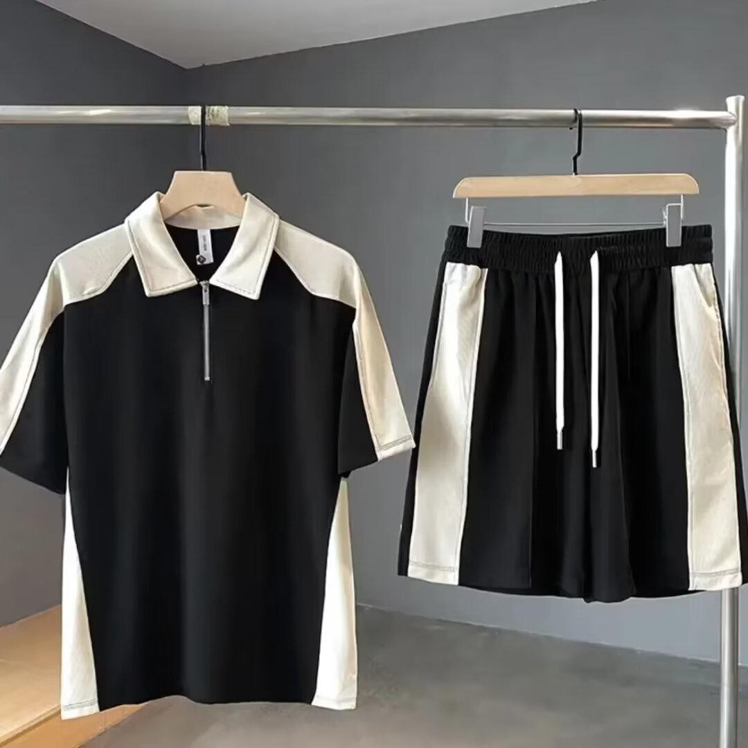 Summer Menswear Color Stitching Turnover Neck Short-sleeved T-shirt Set With Handsome Casual Shorts