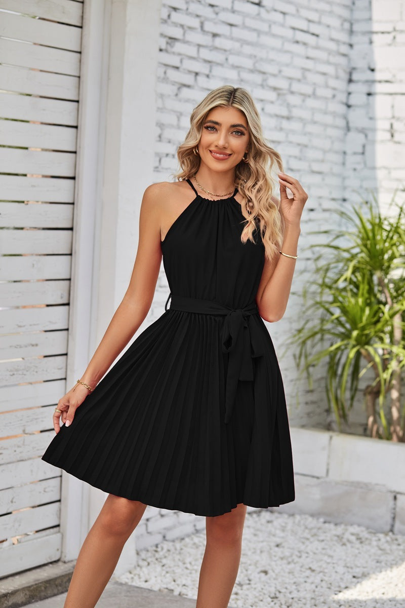 Halter Fala Strapless Dresses For Women Solid Pleated Skirt Summer Beach Sundress