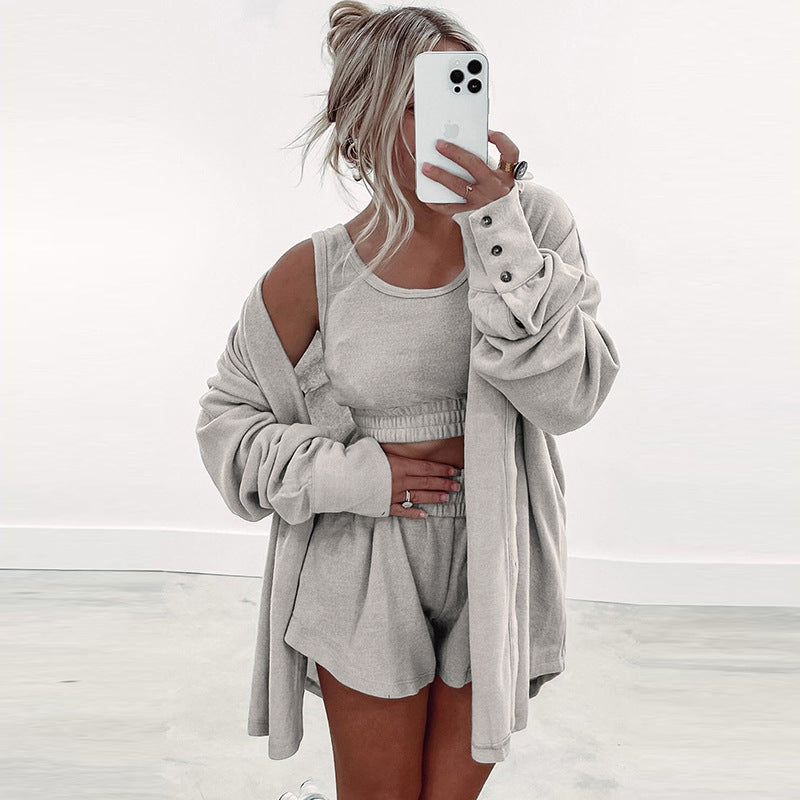 Women's European And American Solid Color Loose Sports Three-piece Suit