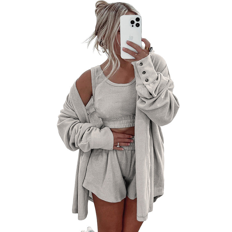 Women's European And American Solid Color Loose Sports Three-piece Suit