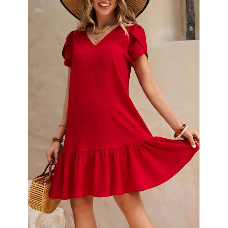 V-neck Solid Color Loose Casual Short Sleeve Dress