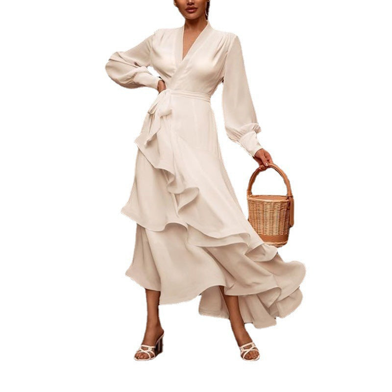 Long Sleeve Ruffles Elegant Dresses For Women White Dress Layered Woman Clothes Casual