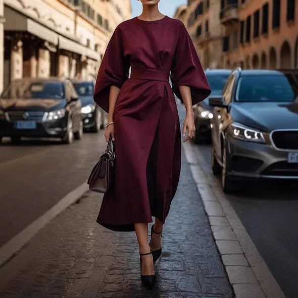Eva Loose Sleeve Dress Fashion Waist-tighted Solid Color Elegant Dresses For Women Clothing