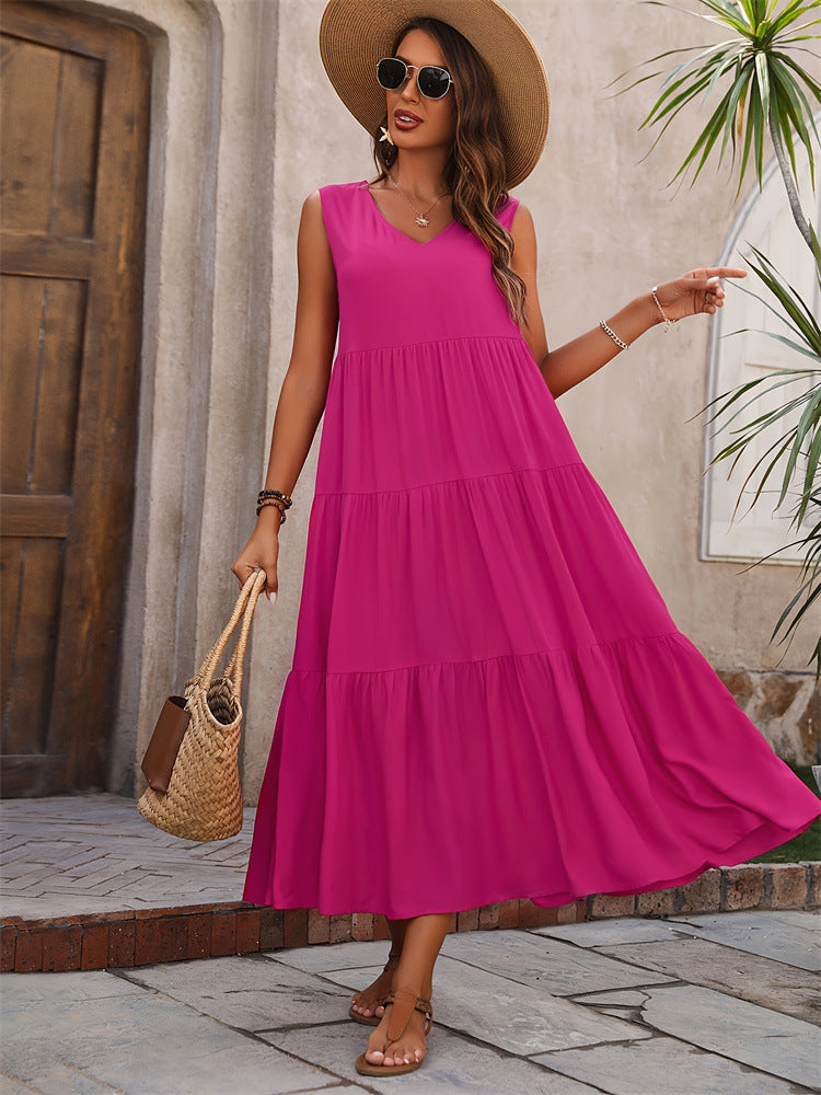 Women's Summer Solid Color And V-neck Layered Stitching Loose Dress