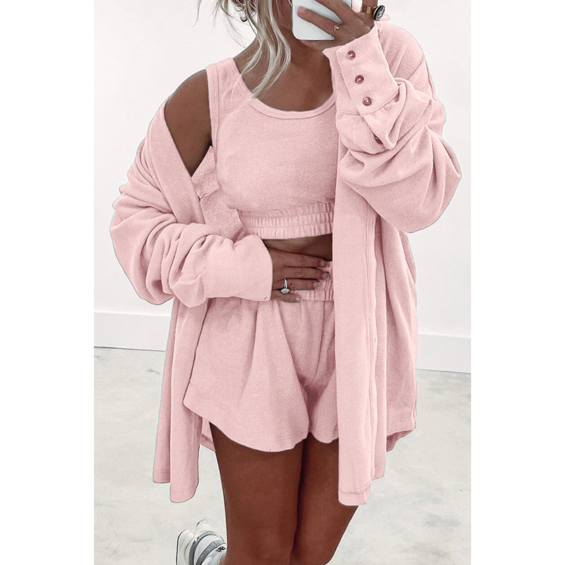 Women's European And American Solid Color Loose Sports Three-piece Suit