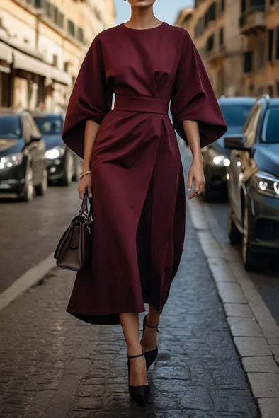 Eva Loose Sleeve Dress Fashion Waist-tighted Solid Color Elegant Dresses For Women Clothing