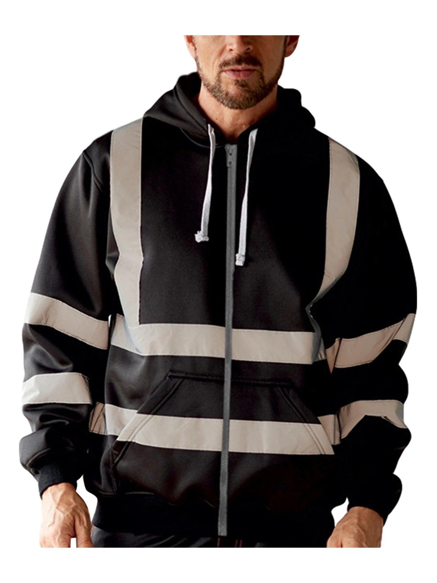 Mens High Visibility Jacket Long Sleeve Zipper Hooded Coat Hi-Vis Safety Reflective Sweatshirt