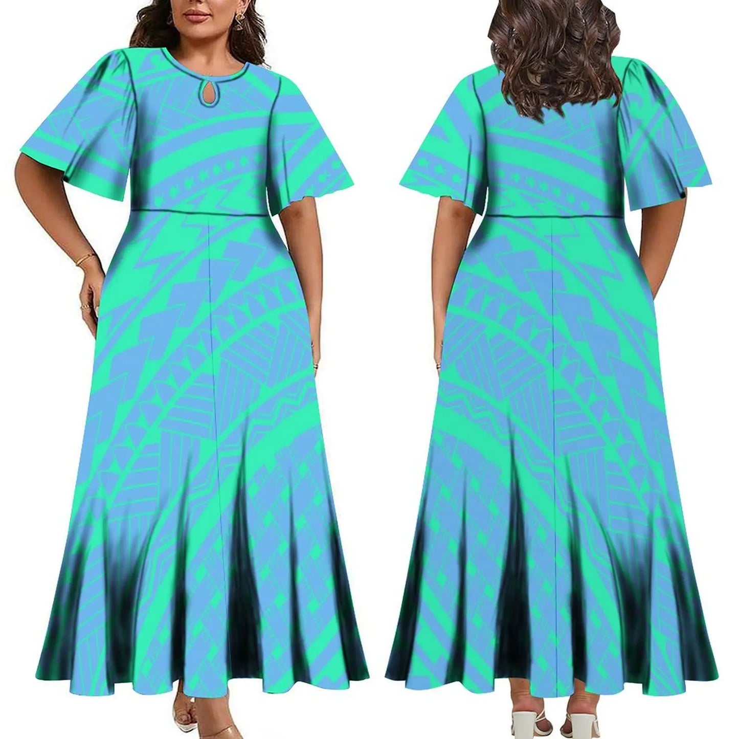 Women Elegant Plus Size Midi Pleated Polynesian Crew Neck Short Sleeve Dress