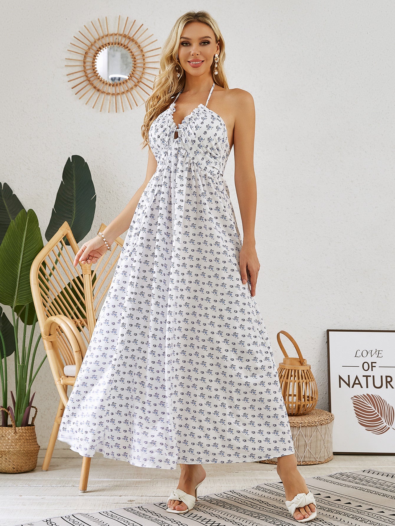 Bohemian Halter Dress - Women's Summer Sleeveless Flowy Beach Dress