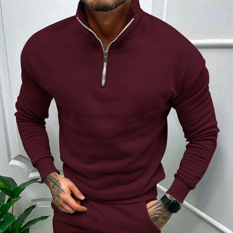 Solid Color Zipper Sweatshirt Men's Autumn And Winter Fleece-lined Long Sleeve Tops