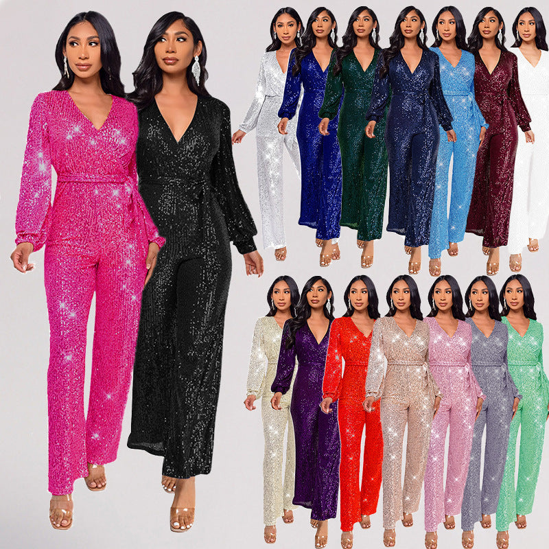 High Waist Wide Leg Sequined Belt Jumpsuit