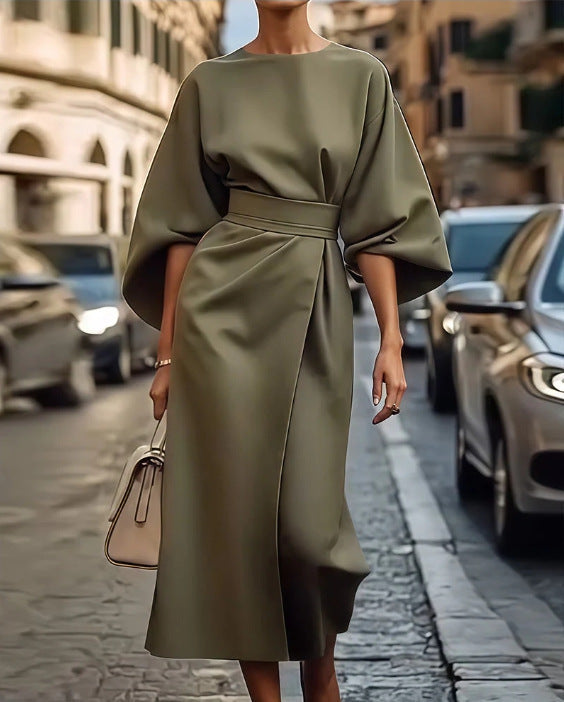Eva Loose Sleeve Dress Fashion Waist-tighted Solid Color Elegant Dresses For Women Clothing