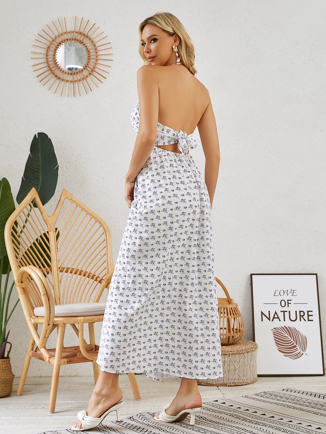 Bohemian Halter Dress - Women's Summer Sleeveless Flowy Beach Dress
