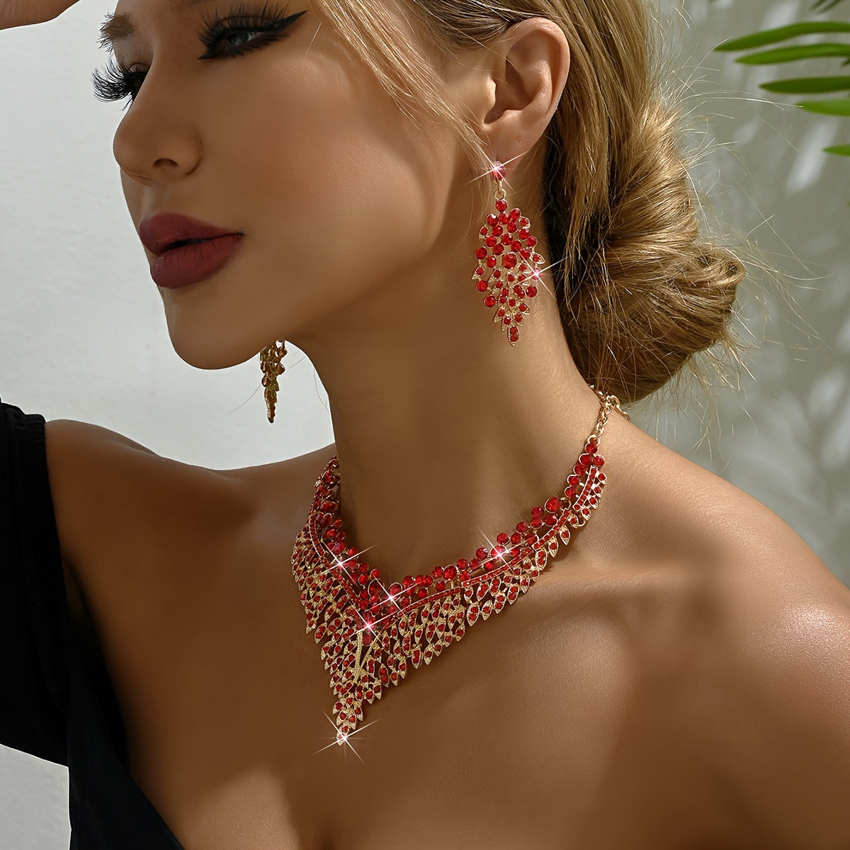 Luxury Rhinestone Statement Necklace And Earrings Set, Exaggerated Jewelry For Women, Glamorous Wedding Accessories Gifts For Eid