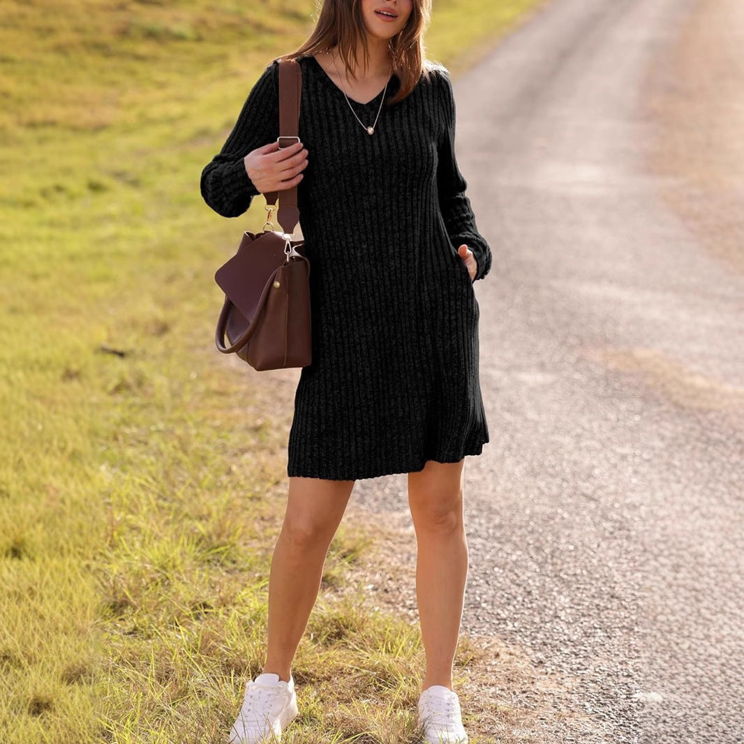V-neck Pocket Sunken Stripe Brushed Long Sleeve Leisure Dress