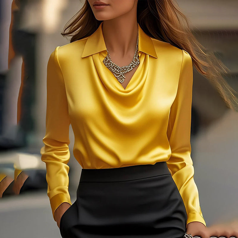Women's Elegant Long Sleeve Blouse - Solid Color Lapel Top With Ruched Chest Detail Office & Casual Wear For Spring Fall