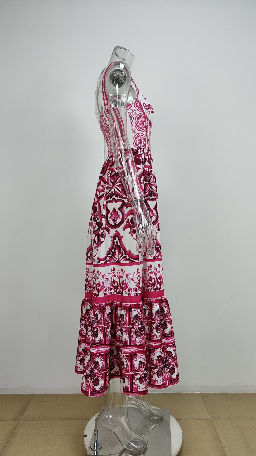 Printed Sleeveless Dress Fashion Temperament Spaghetti Waist-controlled Large Hem Dresses For Women