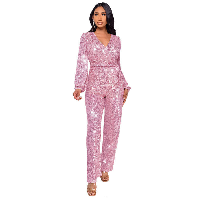 High Waist Wide Leg Sequined Belt Jumpsuit