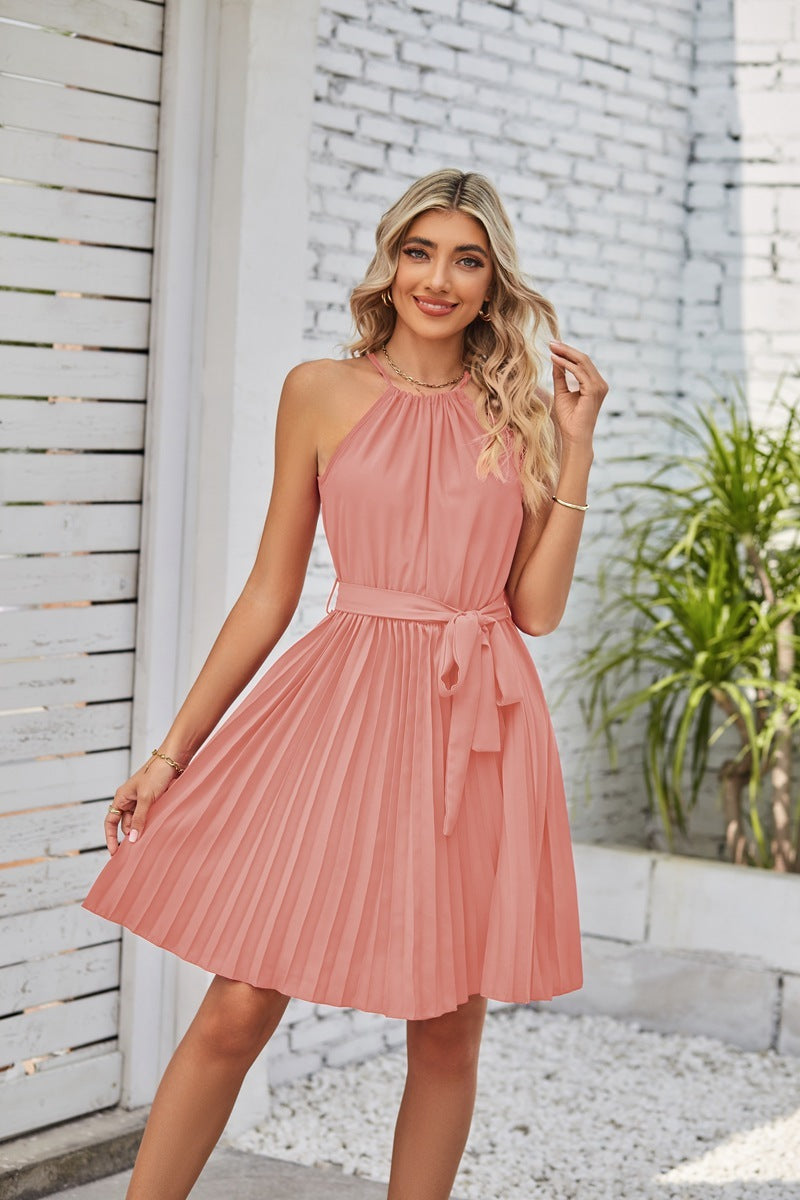 Halter Fala Strapless Dresses For Women Solid Pleated Skirt Summer Beach Sundress