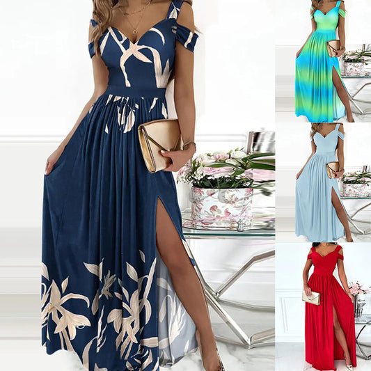 V-neck Spaghetti Strap Dress Women Split Long Flowy Dresses For Party Beach