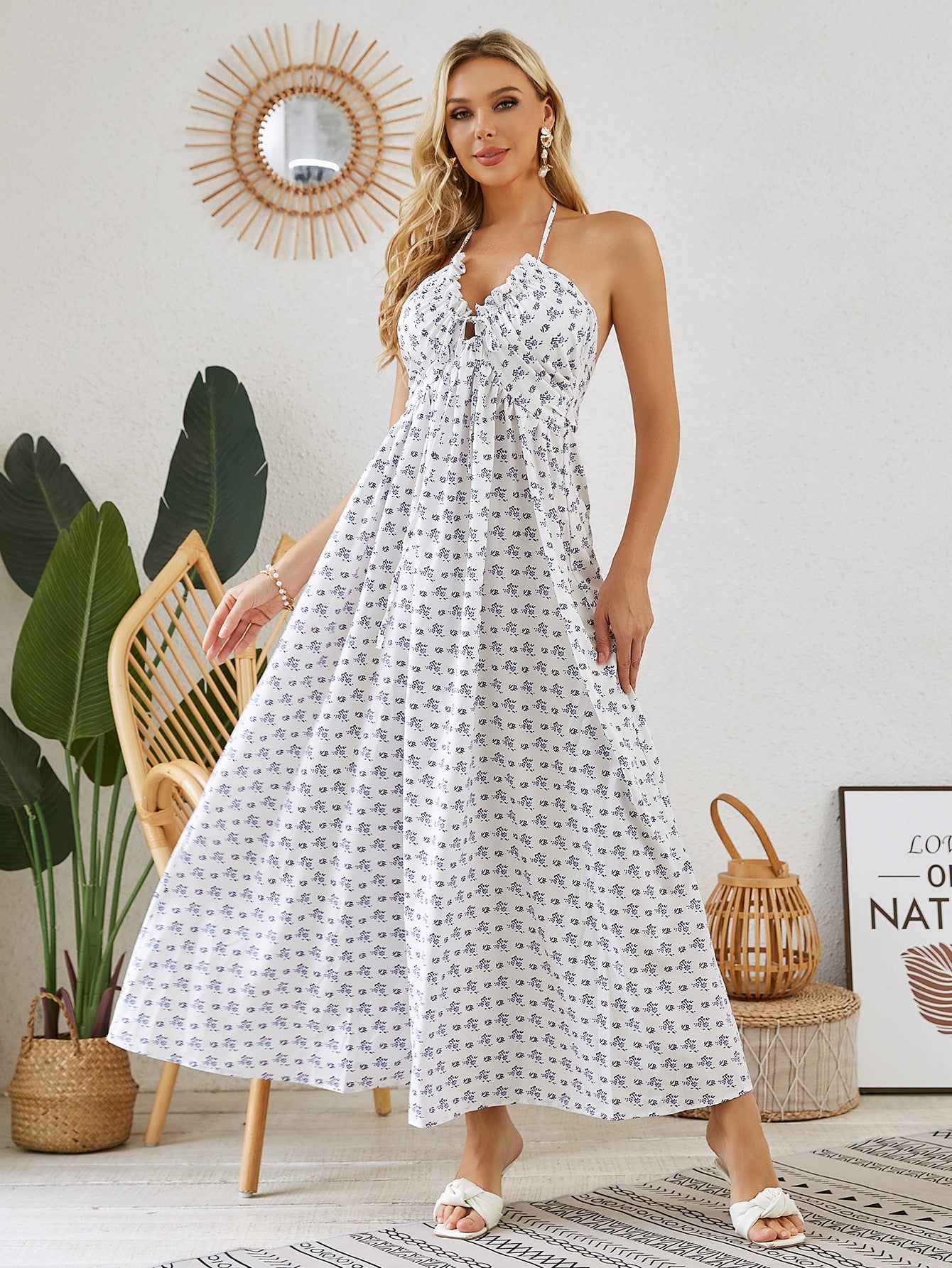 Bohemian Halter Dress - Women's Summer Sleeveless Flowy Beach Dress