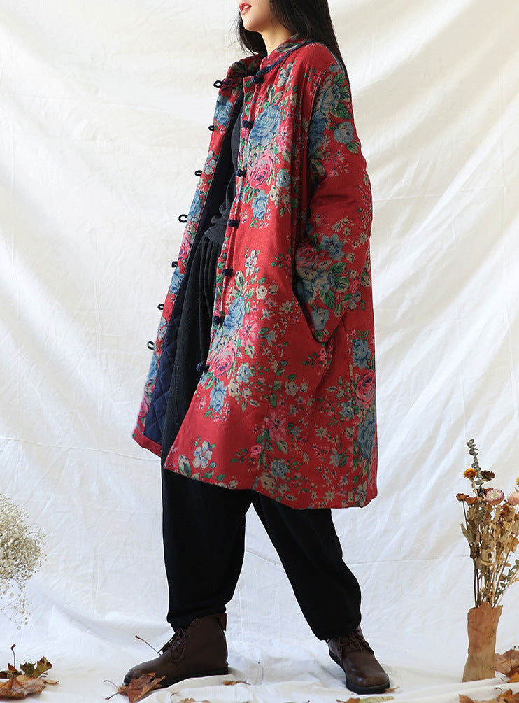 Winter Cotton And Linen Women Retro Art Floral Print Cotton Clothing Cotton Coat