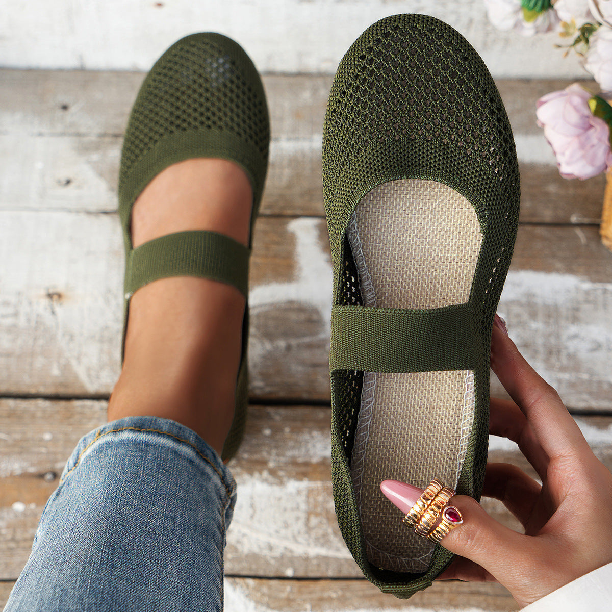 Flyknit Breathable Flat Low-cut Shoes Women's Hollow Solid Color Round Head Dancing