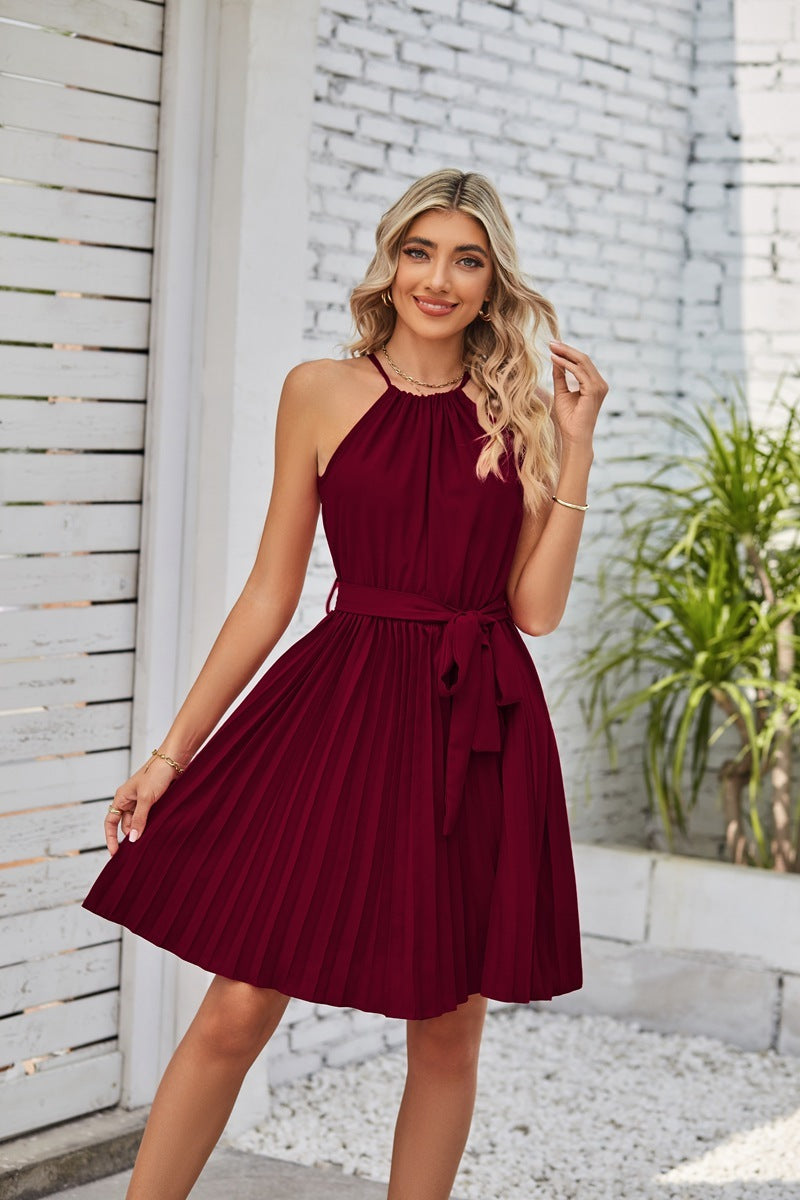 Halter Fala Strapless Dresses For Women Solid Pleated Skirt Summer Beach Sundress