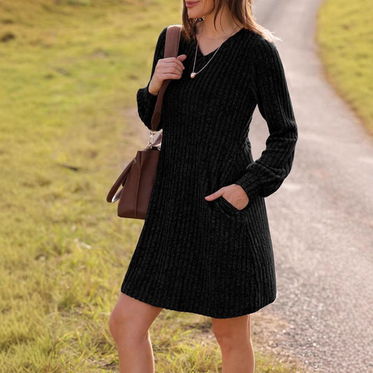 V-neck Pocket Sunken Stripe Brushed Long Sleeve Leisure Dress