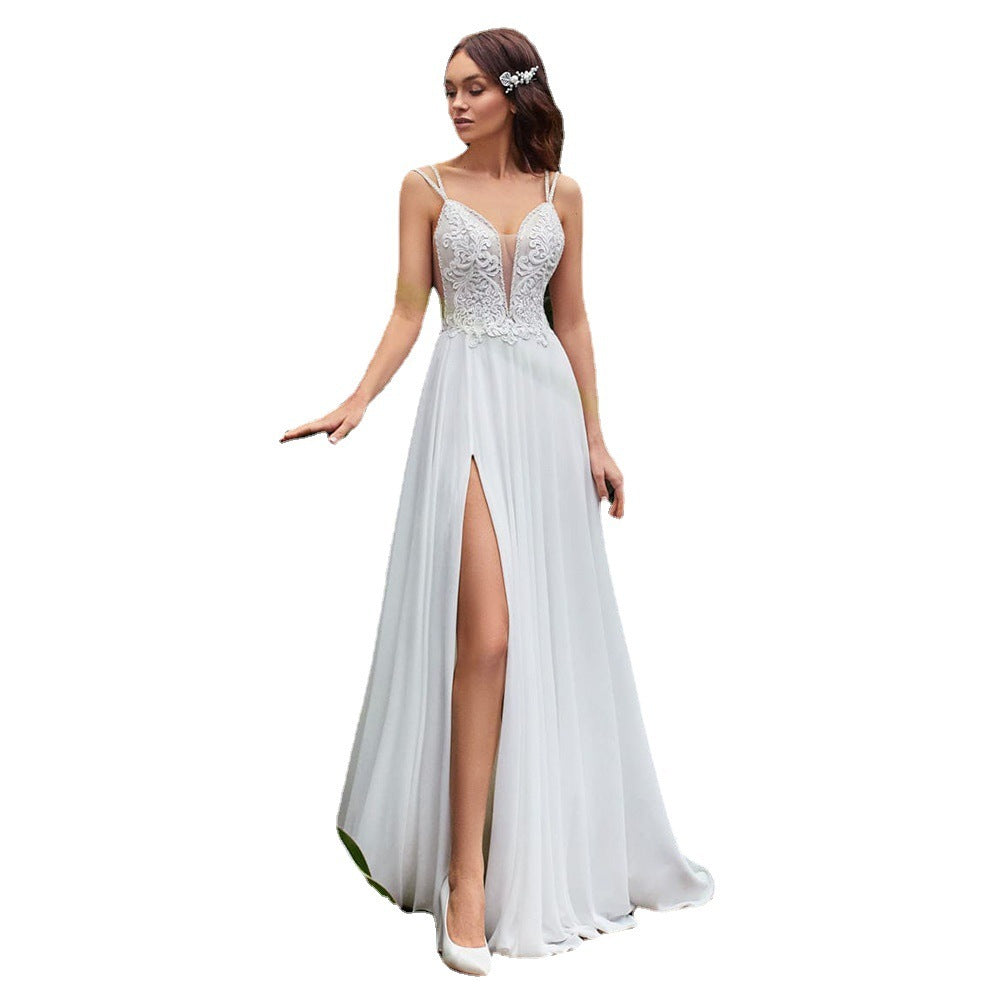 Sexy Side Slit A-Line Wedding Dresses Beading Spaghetti Straps Sleeveless Lace Appliques Backless Chiffon Bridal Dresses