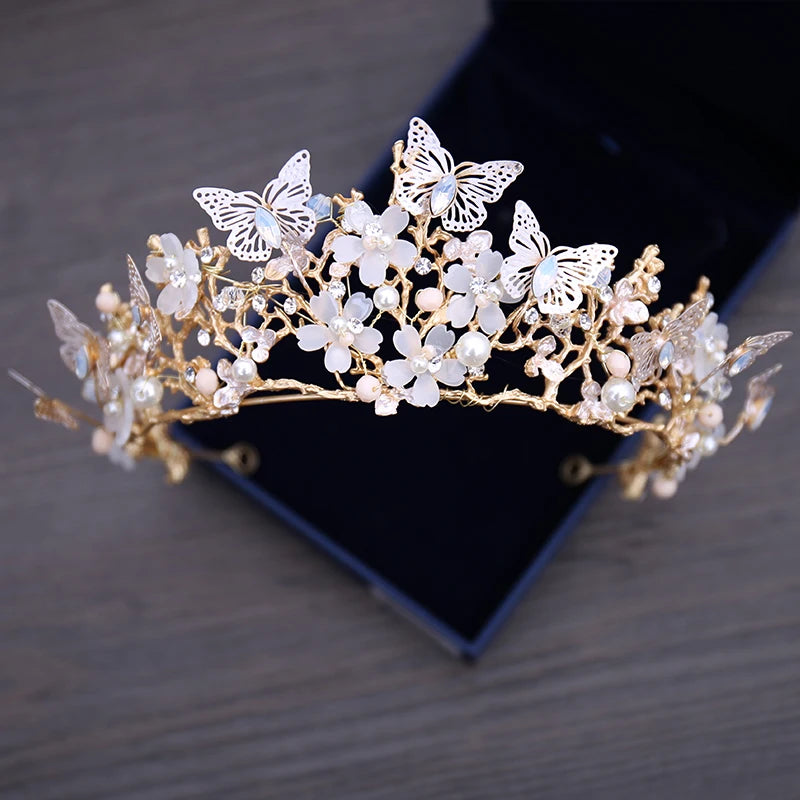 Pearl Floral Rhinestone Necklace Earrings & Tiara Set