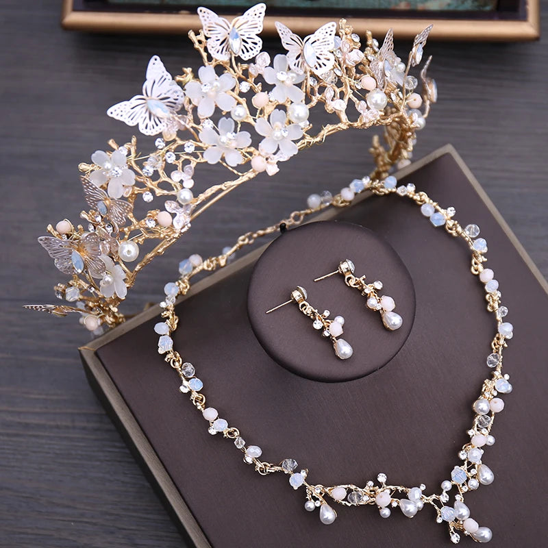 Pearl Floral Rhinestone Necklace Earrings & Tiara Set