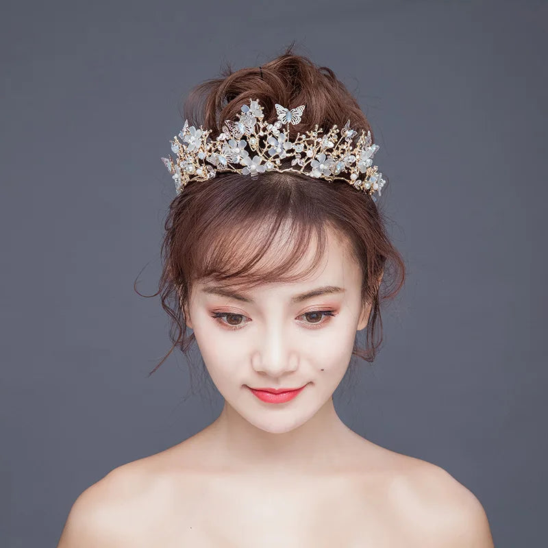 Pearl Floral Rhinestone Necklace Earrings & Tiara Set