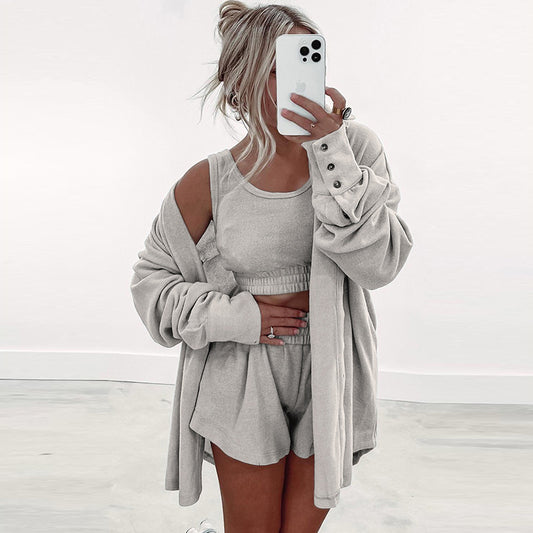 Women's European And American Solid Color Loose Sports Three-piece Suit