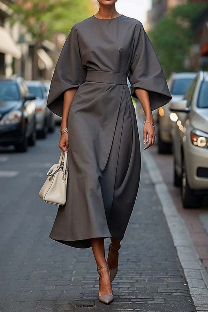 Eva Loose Sleeve Dress Fashion Waist-tighted Solid Color Elegant Dresses For Women Clothing