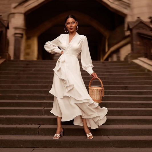 Long Sleeve Ruffles Elegant Dresses For Women White Dress Layered Woman Clothes Casual