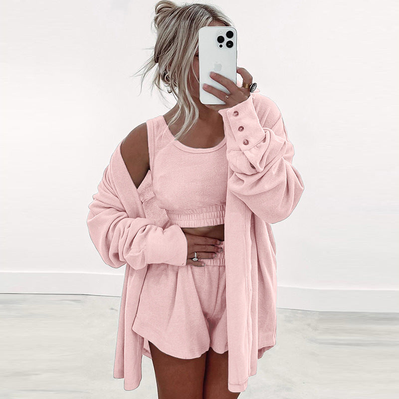 Women's European And American Solid Color Loose Sports Three-piece Suit