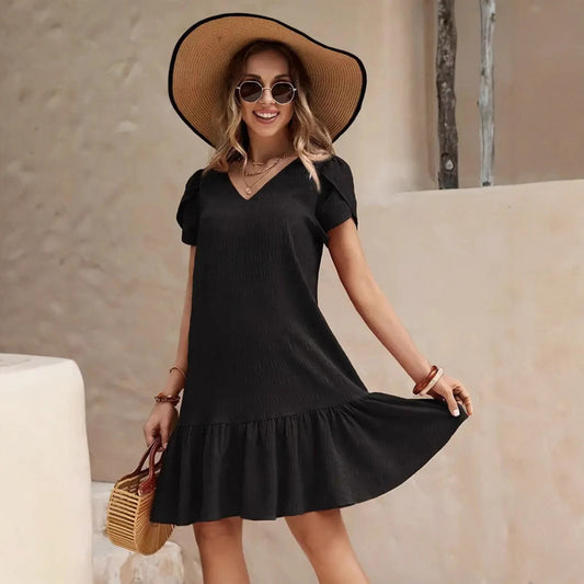 V-neck Solid Color Loose Casual Short Sleeve Dress